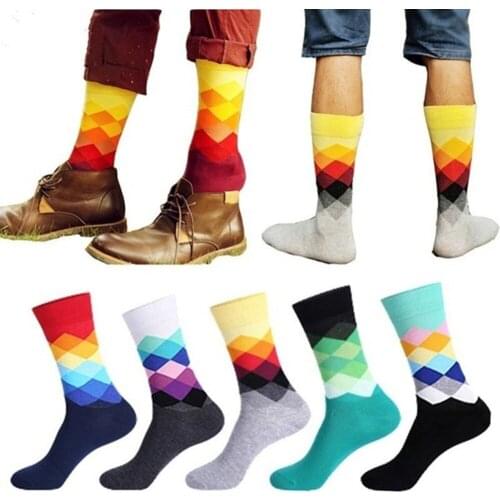 Peonfly Colorful Casual Happy Men Funny Cotton Socks Warm British Style Plaid Calcetines Divertidos Hot