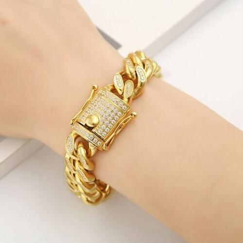 Gold Filled Men Women Cuban Chain Bracelet Stainless Steel Full CZ Hip Hop Iced Out Bling Jewelry Double Safety Clasps 10mm-18mm