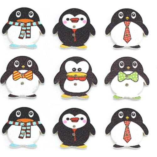 50Pcs Penguin Shape Buttons Painted Wooden Buttons For Clothes Decorative Button For Children 2-Hole Sew Crafts DIY Scrapbooking