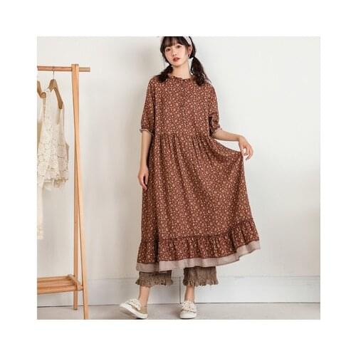 Retro Artistic Floral Double-Layer Short-Sleeved Dress Lace Collar Loose Dress Female 102