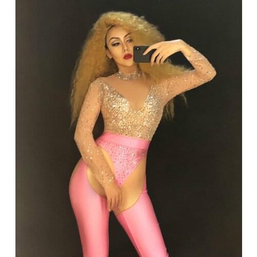 Silver Pink Rhinestones See Through Jumpsuit Bling Crystals Bodysuits Female Costume Sexy Party Celebration Singer Stage Wear