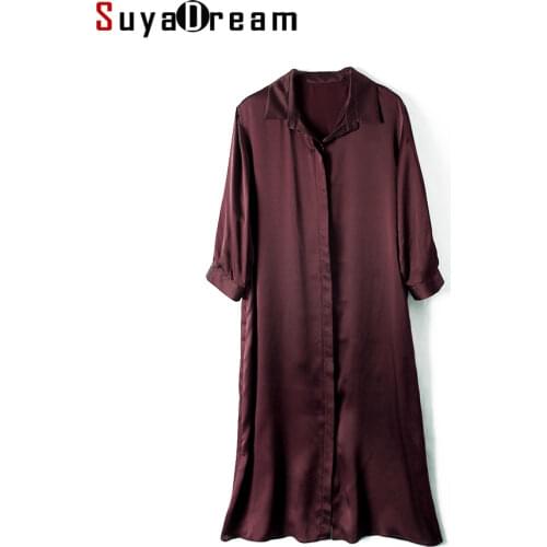 SuyaDream Woman Shirt Dress 100%Silk Satin A line 3/4 Sleeves Mid Dresses 2021 Summer Autumn Dresses Navy