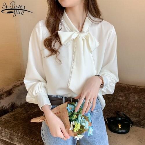 Loose Korean Tops 2021 Autumn Satin Chiffon Blouse Women Fashion Blue Long Sleeve Shirt White Office Lady Clothes with Bow 10691