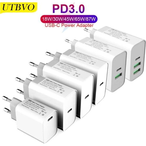 UTBVO USB-C Power Adapter 18W 30W 45W 60W 65W 87W PD Type-C Charger For Xiaomi Laptops MacBook Pro iPhone 12 iPad Samsung S9/S10