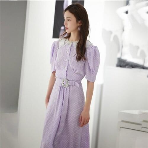 Jacquard Satin Midi Dress Women 2021 New Peter Pan Collar Puff Sleeve Crystal Sash A-line Dress Vestidos Ladies Vintage Dress