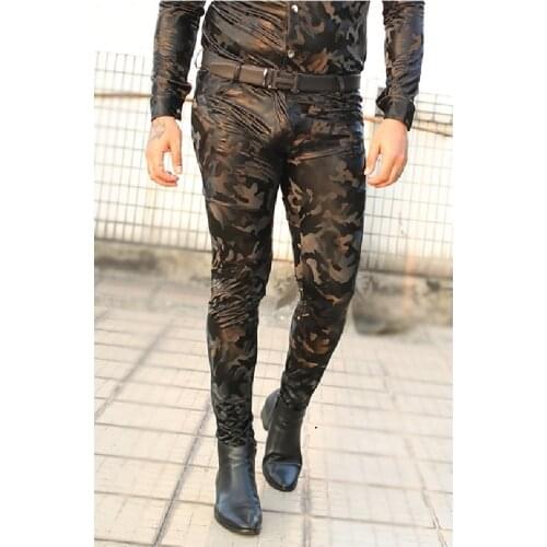 Plus Size PU Faux Leather Slim Pencil Pants Mens Shooting Games Tight Trousers Jogger Camouflage High Elasticity Erotic Legging