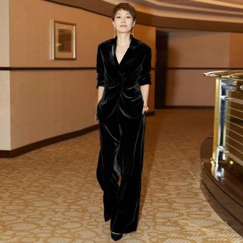 2020 Spring Winter New Brand Designer Runway Two Piece Set for Women Velvet Blazer and Black Pants Ladies Casual 2 Piece Set