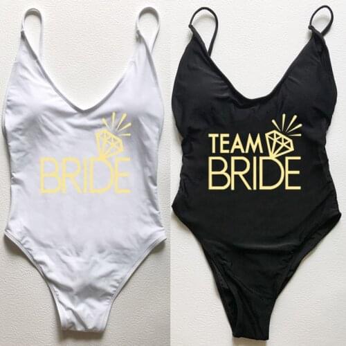 Sexy Padded Swimwear Women One Piece Swimsuit TEAM BRIDE diamond Print Wedding Bridal party Bathing Suit maillot de bain femme