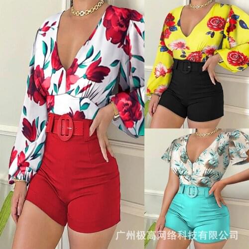 Floral Print Casual Track Suits Woman 2021 summer Long Sleeve V Neck Top & Shorts Set Without Belt Women Outfits 2 Pieces Set