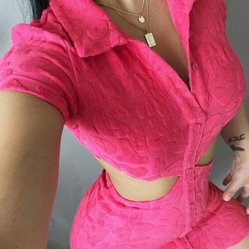Hollow Out Turn Down Collar Dress Short Sleeve Women Sexy With Button Club Dresses 2021 Summer Fashion Bodycon Mini Dress y2k