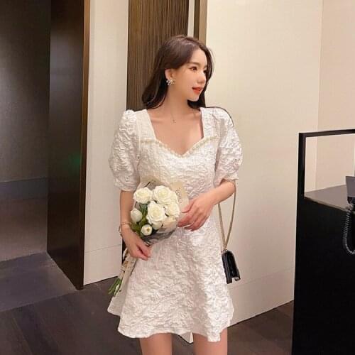 Elegant Dress For Women 2021 Summer Korean Style Vintage Relievo Beading Square Collar Puff Sleeve High A Line Mini Dress D297