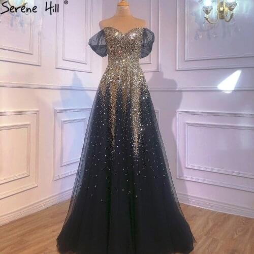 Serene Hill Luxury Black Gold A-line Evening Dress 2021 Sparkle Beading Sexy Women Formal Party Wear Gown CLA70838