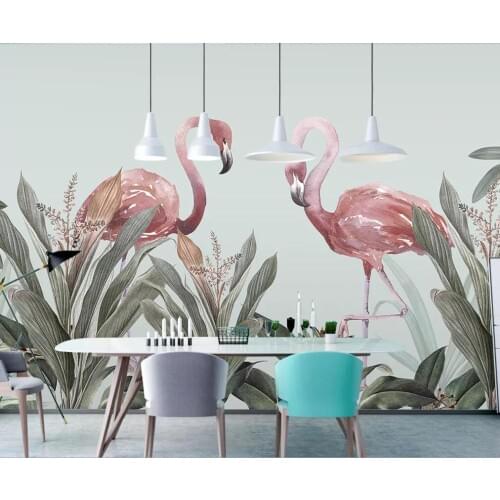 Customized 3D wallpaper fresco Nordic hand-painted small fresh tropical plants flamingo background wall decoration painting