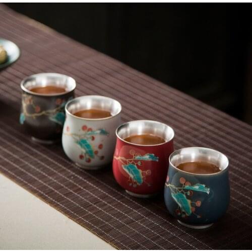 999 Sterling Silver Cup Gilt Silver Cup Master Cup Single Cup Jingdezhen Ceramic Grilled Flower Gold Foil Teacup Kung Fu Tea Set