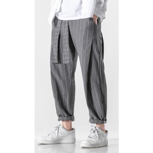 New Mens 2021 Streetwear Loose Harem Pants Belt Cotton Linen Men Fashion Striped Oversize Jogging Pants Woman Trousers 5XL