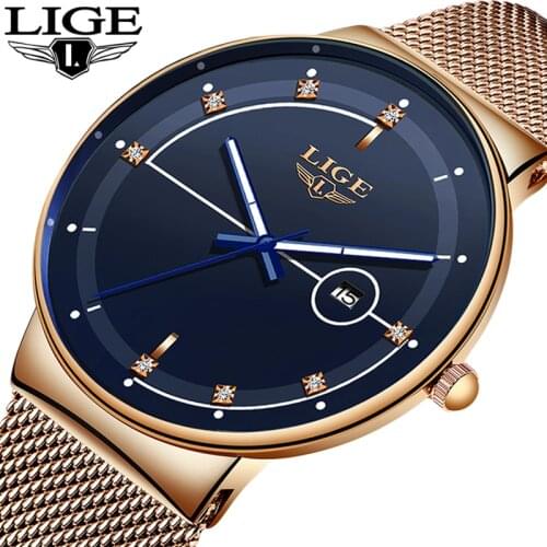 LIGE Fashion Mens Watches Top Brand Luxury Ultra Thin Quartz Watch For Men Mesh Strap Waterproof Gold Watch Relogio Masculinos