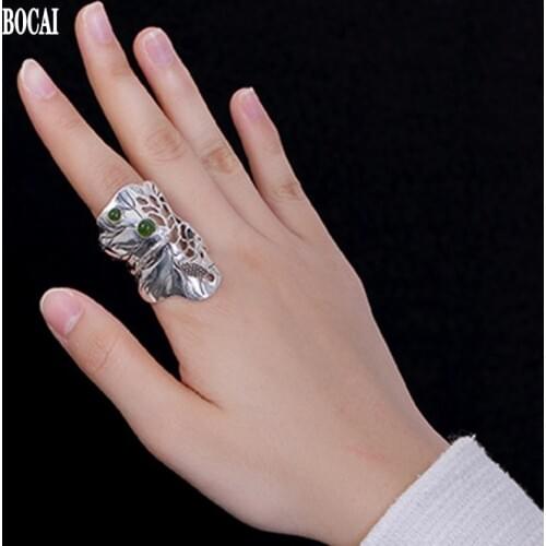 BOCAI New Real Solid S925 Silver Jewelry Woman Ring Hetian Jasper autumn rain LotusLeaf Ring