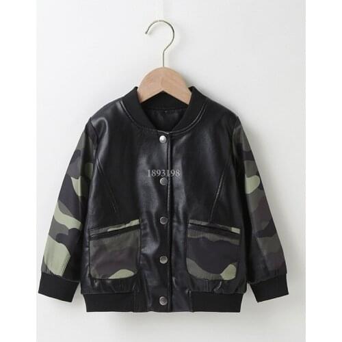 Boys Spring Autumn Color Matching Motorcycle Jacket Childrens Handsome Single-breasted Casual PU Leather Camouflage Jacket