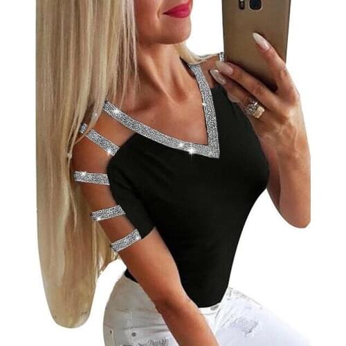 Plus Size 5XL 2020 Summer Fashion Oversized T-shirt Solid Color Hollow Out Tops for Women Sexy Deep V-neck Harajuku Shirts