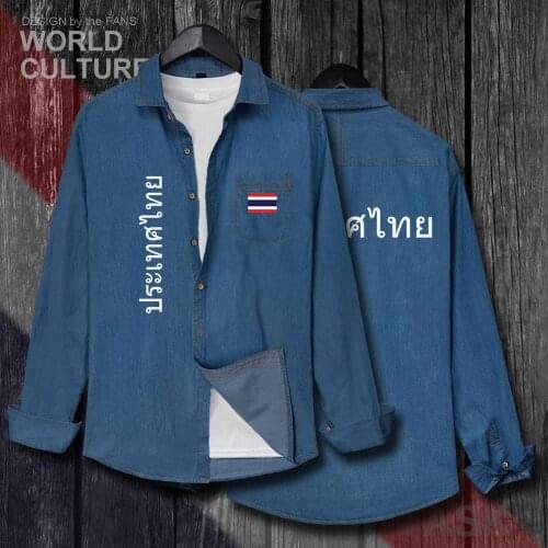 Thailand Thai TH THA Men Tops Spring Autumn Cotton Flags Turn-down Collar Jeans Shirt Long Sleeve Cowboy Coat Fashion Clothes
