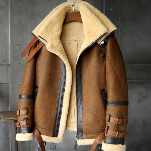 B3 Mens Shearling Jacket Flight Jacket Imported Wool From Australia Short Leather Jacket Mans Sheepskin Aviator Fur Coat