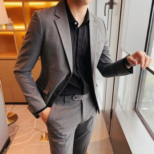 2021 Men Suit 2 Piece Sets Fashion Groom Wedding Dress Mens Solid Color Slim Suits Male Business Casual Blazers Pants W474