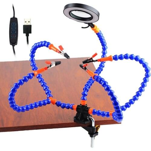 Desk Clip PCB Soldering Holder 3X Magnifier With LED Light Welding Helping Hand Flexible Arm Soldering Third Hand Tool