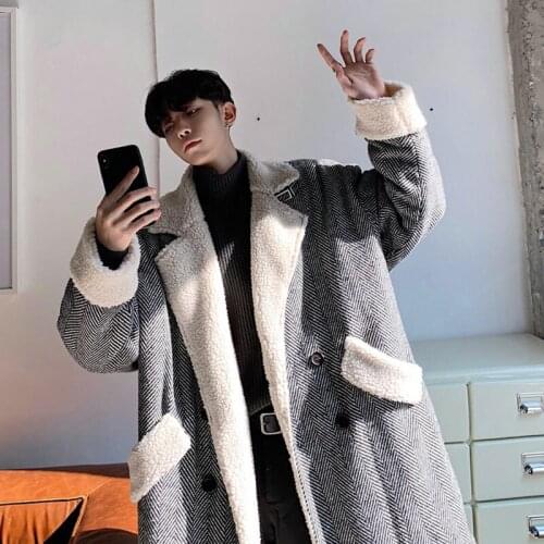 Winter Mens Loose Long Overcoat Cashmere Lining Double Breasted Casual Parkas Outwear Black Gray M21