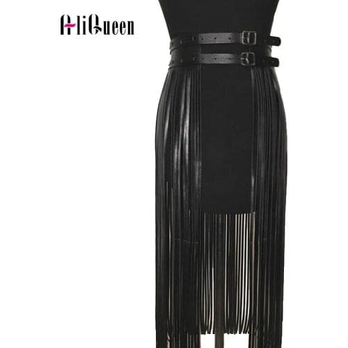 Sexy Women PU Leather Skirts Long Tassel Skirt Club Party Slim Fringe Mini Skirt Female Black Club Party Skirts Belt Decorative