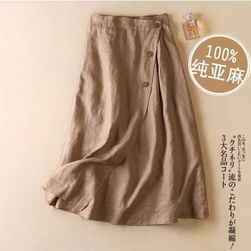 Linen Solid Color Skirt Female Spring And Summer New Casual A-Line Skirt Elastic Waist Skirt
