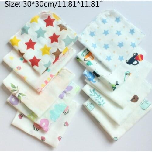 30x30cm 10Pcs/Pack Baby Muslin Face Washcloth Newborn Wipes Bibs Saliva Towel Infant Feeding Burp Cloth Cartoon Printing Scarf B