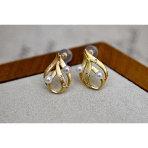 MADALENA SARARA Pure 18k Gold Earrings Simple Geometric Women Earrings 18K Yellow Gold AU750 Pave Setting Freshwater Pearl