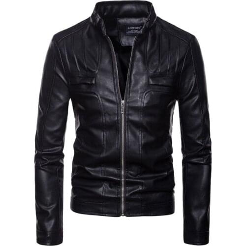 Spring Autumn Fashion Men Leather Jacket Casual PU Coat Solid Color Locomotive Slim Outerwear