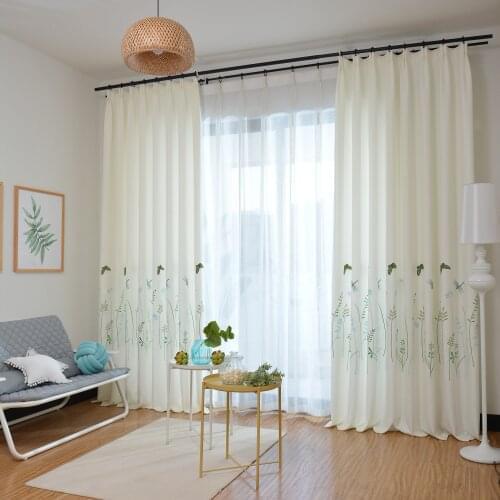 Simple Style Blackout Curtains for Living Room Cotton and Linen Window Curtains Green Plant Butterfly Embroidered Cloth Curtain
