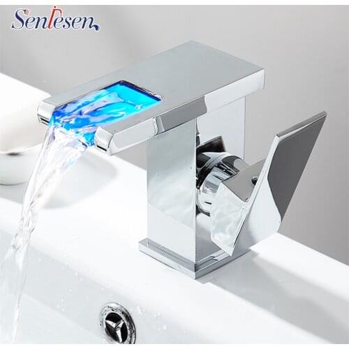 Senlesen Led Waterfall Basin Sink Faucet Bathroom Faucet Chrome Single Handle Brass Basin Tap Hot and Cold Mixer Tap