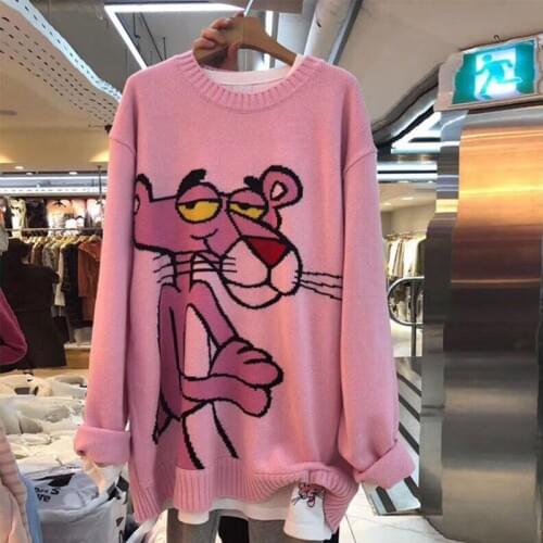2020 Spring Korean New Cartoon Sweater Womens Loose Leopard Round Neck Loose Casual Pullover Knitting Sweater Tops C051