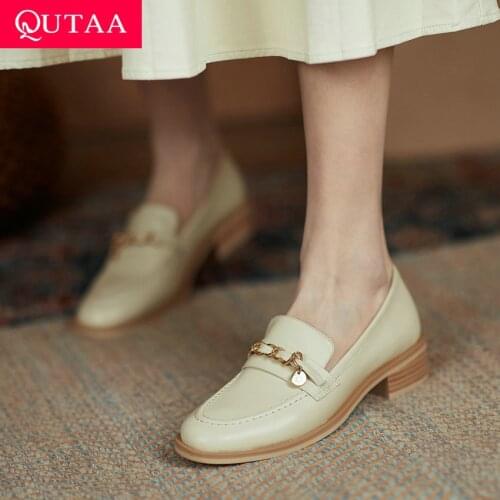 QUTAA 2021 Round Toe Square Heel Casual Slip On Female Shoes Genuine Leather Metal Chains Spring Autumn Women Pumps Size 34-43