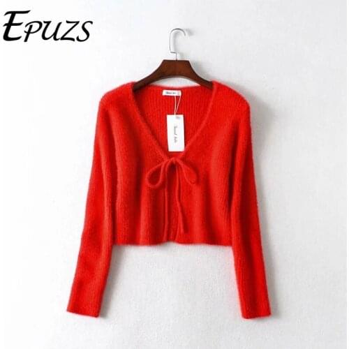Korean style knitted sweater women 2020 casual Cute and sweet short sweater solid long sleeven V-Neck lace up cardigans sweaters