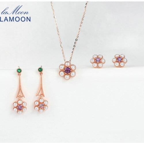 LAMOON 925 Sterling Silver Set For Women Little Flower Pearl Amethyst Gemstone 18k Rose Gold Plated Fine Jewelry Vivi Style V052