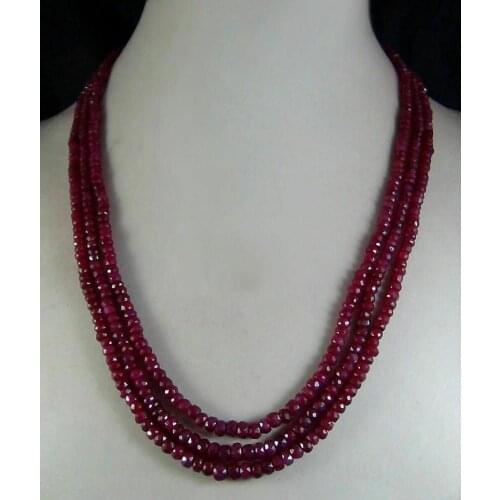 AAA Natural 2x4mm NATURAL RUBY FACETED BEADS NECKLACE 3 STRAND 17-19"