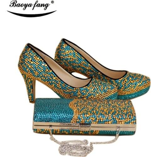 BaoYaFang blue mix gold crystal Women wedding shoes with matching bags fashiom girls party dress shoe and purse sets