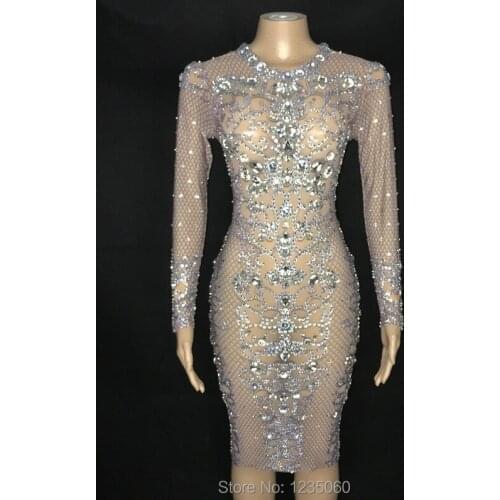 Sparkly Silver Rhinestones See Through Dress Prom Party Mesh Outfit Women Dance Dress Birthday Celebrate Dress YOUDU