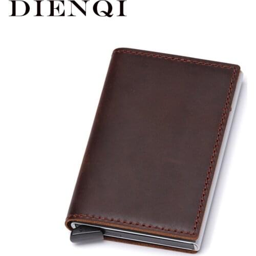 DIENQI Genuine Leather Skin Rfid Credit Card Holder Metal Men Wallets 2021 Badge Cardholder Aviator Minimalist Wallet for Card