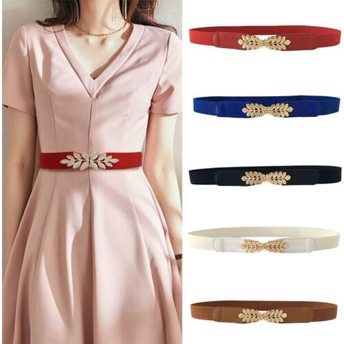 Elastic Leaf Shape Women Waist Belt Elegant Chic Golden Buckle Fashion Female High Elasticity Fabric Waistband Dress Accessories