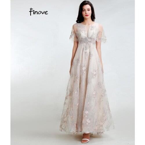 Finove 2020 Elegant Prom Dress New Appliques Illusion O-Neck Crystal Floor Length A-Line In Women' Dresses Plus Size