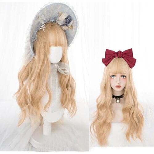 CosplayMix 68CM Lolita Cosplay Wig Heat Resistant Japan Cute Long Wavy Hair Gold Anime Party Synthetic Bangs+Cap