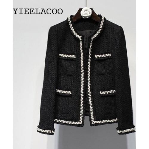 Black tweed women jacket spring / autumn / winter woolen coat new Wool handmade beads classic jacket Ladies