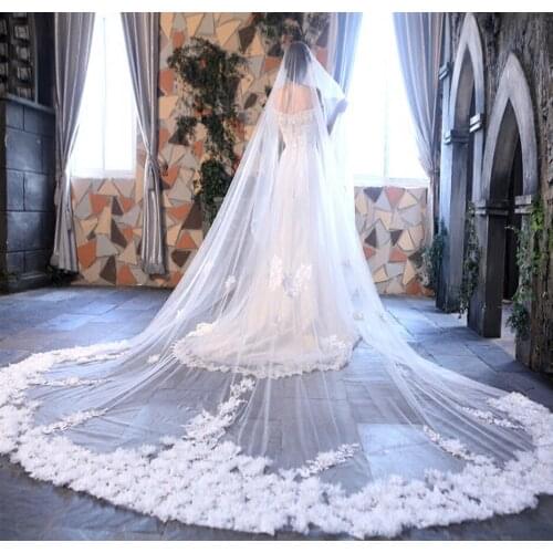 Real Photo Bridal Veil White Ivory 4 Meters Shiny Sequins Lace Edge Luxury Long Wedding Veils with Comb High Quality 2021 New