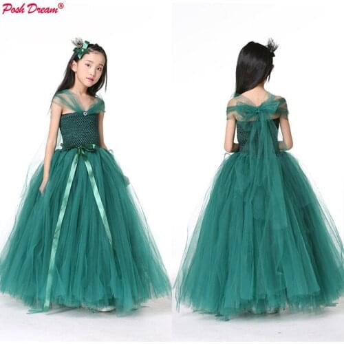 New Style Girls Green Elves Formal Dress Teal Green Flower Girls Wedding Dresses Photography Wear Blackish Green Formal Dress