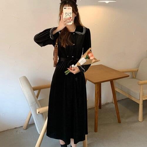 Elegant Winter Velvet Dress Women Pleated Belt Peter Pan Collar Long Sleeves Autumn French Vintage Black Calf Length Dresses